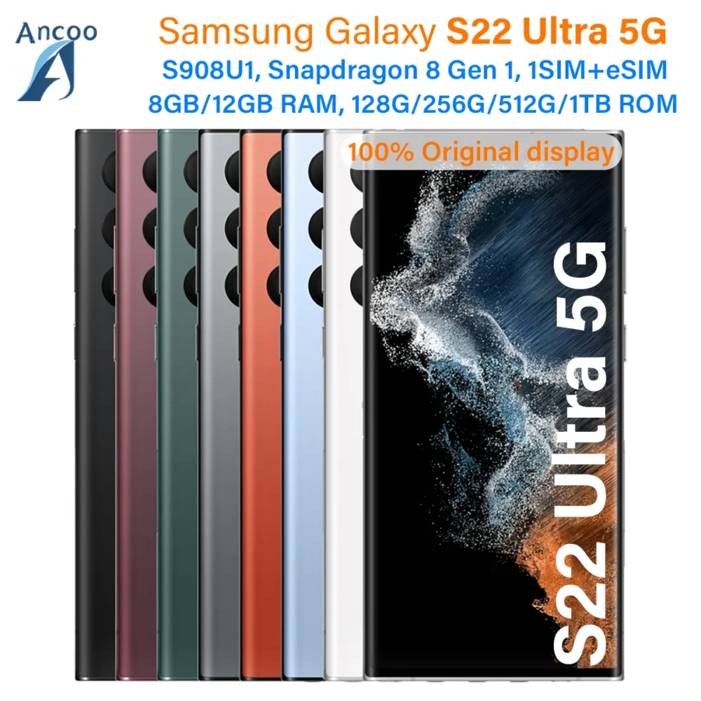 Samsung Galaxy S22 Ultra 5G S908U1 128GB/256GB/512GB/1TB ROM Snapdragon8 Gen 1 Octa Core 6.8" 108MP eSim NFC Original Cell Phone