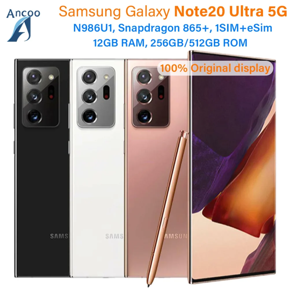 Samsung Galaxy Note 20 Ultra 5G Note20 N986U1 128G/512GB ROM 12GB RAM Octa Core Snapdragon 865+ 6.9" 108MP&12MP eSim Cell Phone