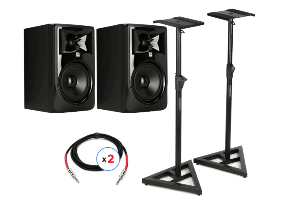 JBL 308P MkII 8-inch Powered Studio Monitor Pair with Stands and Cables